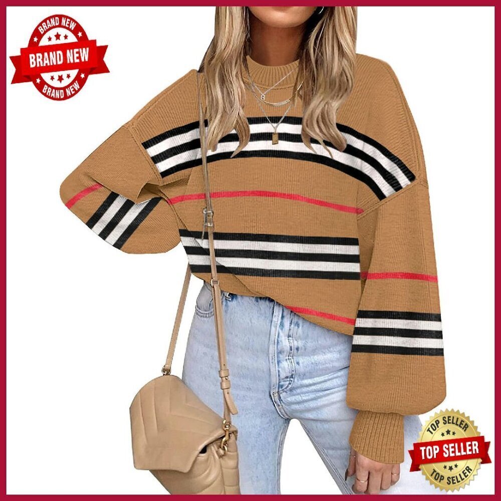 Oversized Crewneck Sweater Pullover Batwing Long Sleeve Side Slit Knit Top